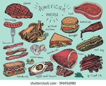 American menu, snack, ham, cheese, steak, hamburger, mushroom, bread, ribs, burger, fastfood, sandwich, grill, chicken, eggs, sausage, bacon, ketchup, fries