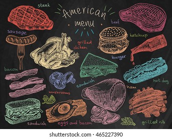 American menu, snack, ham, cheese, steak, hamburger, mushroom, bread, ribs, burger, fastfood, sandwich, grill, chicken, eggs, sausage, bacon, ketchup, fries