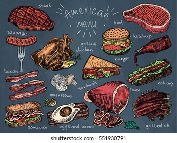 American menu, snack, ham, cheese, steak, hamburger, mushroom, bread, ribs, burger, fastfood, sandwich, grill, chicken, eggs, sausage, bacon, ketchup, fries