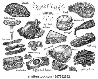 American Menu, Steak, Sausage, Bacon, Sandwich, Mushroom, Grilled Chicken, Eggs, Eggs And Bacon, Grill, Grilled Ribs, Ribs, Ham, Hot Dog, Burger, Ketchup