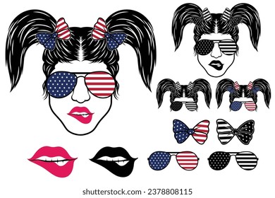 American Messy Bun, American Patriotic Mom Bun, American Sunglasses, American Headband, Mom Life, 4th of July, Vector files svg