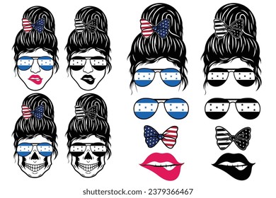 American Messy Bun, American Patriotic Mom Bun, American Sunglasses, American Headband, Mom Life, 4th of July, Skull with messy bun and bandana svg