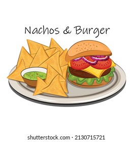 american mexican cuisine, food. vector flat illustration isolated on white background. hamburger burger nachos and guacamole sauce set. stock picture. for restaurant menus and posters. delivery sites