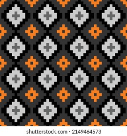American Mexican Geometric fabric pattern, Seamless ethnic pattern. Handmade. Horizontal stripes. design for textiles, wallpaper, embroidery, sewing, black orange background.