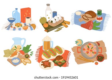 American and mexican, italian and japanese cuisine food served on table. Burger and beer, taco and soup, onigiri rice and cheese. Eating dishes in restaurant or diner cafe. Vector in flat style