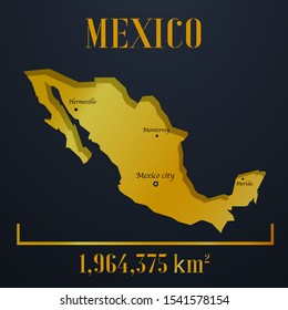 American Mexico golden 3d solid country outline silhouette, realistic piece of world map template, for infographic, vector illustration, isolated object, background. From countries set