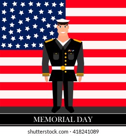 American military officer in the background on american flag in style of cartoon  and flat. Happy Memorial day vector card. Memorial day text card with stars and stripes. Memorial day poster.