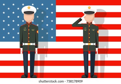 American military veteran ceremonial stands dress attention salutes flag background flat icon vector illustration