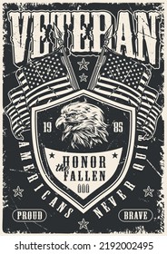 American military vintage monochrome flyer honor fallen text in front eagle with flags motivation for soldiers and sergeants vector illustration