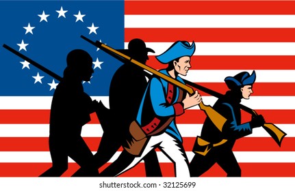 American Minutemen Marching With Betsy Ross Flag In The Background