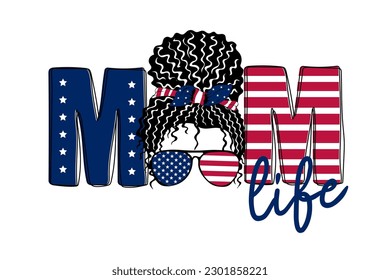 American Mom. 4th of July Messy Bun Girl American. US independence day. Vector illustration 