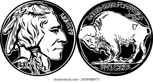 American money, Buffalo nickel 5 Cent Coin, obverse with Indian Head, reverse with American Bison