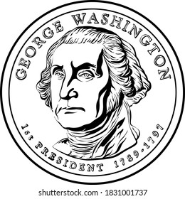 American money Presidential dollar coin, with first president of the United States Washington on obverse. Black and white image