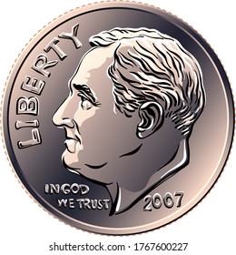 American money Roosevelt dime, United States one dime or 10-cent silver coin with President Franklin D Roosevelt on obverse