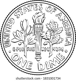 American money Roosevelt dime, United States one dime or 10-cent silver coin, olive branch, torch, oak branch on reverse. Black and white image