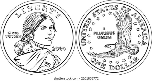 American money Sacagawea dollar, black and white, Sacagawea on obverse, flying eagle on reverse