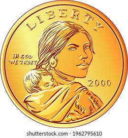 American money Sacagawea dollar, golden dollar coin, Sacagawea and her child on obverse