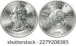 American money, United States Washington quarter dollar or 25-cent silver coin, grizzly bear on reverse