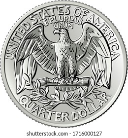 American money, United States Washington quarter dollar or 25-cent silver coin, the national bird of USA Bald eagle with wings spread on reverse