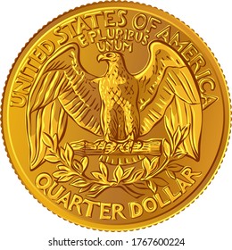 American money, United States Washington quarter dollar or 25-cent Gold coin, the national bird of USA Bald eagle with wings spread on reverse