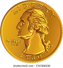 American money, United States Washington quarter dollar or 25-cent Gold coin, first United States president profile George Washington on obverse