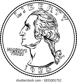 American money, United States Washington quarter dollar or 25-cent Gold coin, first United States president Washington on obverse. Black and white image