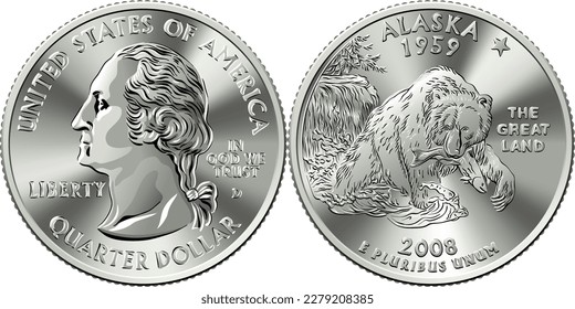 American money, United States Washington quarter dollar or 25-cent silver coin, grizzly bear on reverse