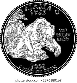 American money, United States Washington quarter dollar, grizzly bear on reverse. Black white image