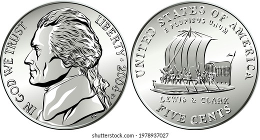 American money, USA 5 Cent Münze mit US-dritter Präsident Thomas Jefferson auf obverse und keelboat von Lewis und Clark Expedition auf der Rückseite