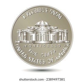 American money, USA five-cent coin with US third President Thomas Jefferson. Vector illustration.