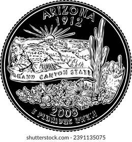 American money, USA quarter dollar Arizona silver coin, Grand Canyon on reverse. Black and white