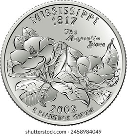 American money, USA Washington dollar quarter Mississippi or 25-cent coin, two magnolias on reverse