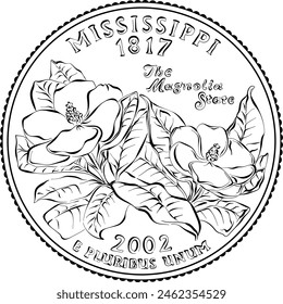 American money, USA Washington dollar quarter Mississippi or 25-cent coin, two magnolias on reverse