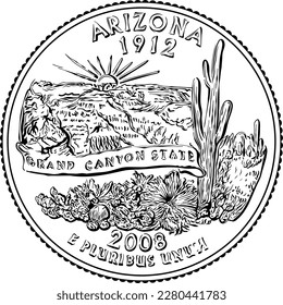 American money, USA Washington Vierteldollar Arizona oder 25-Cent Silbermünze, Grand Canyon auf der Rückseite. Schwarz-Weiß-Bild