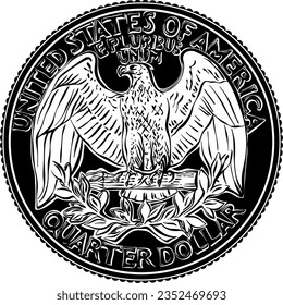 American money, USA Washington quarter dollar, Bald eagle on reverse. Black and white image