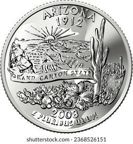 American money, USA Washington quarter dollar Arizona or 25-cent coin, Grand Canyon on reverse