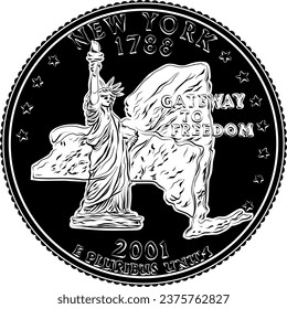 American money, USA Washington quarter dollar New York, Liberty on reverse. Black and white image