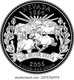 American money, USA Washington quarter dollar Nevada. Black and white image