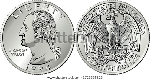 American money, Washington quarter dollar or
25-cent silver coin, first US president George Washington on
obverse, Bald eagle on
reverse