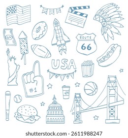 American monochrome doodles, cartoon elements collection for prints, clipart, cards, stickers, banners, coloring pages, social media decor, etc. EPS 10