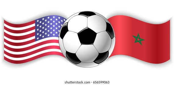 American and Moroccan wavy flags with football ball. United States of America combined with Morocco isolated on white. Football match or international sport competition concept.
