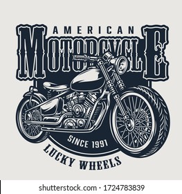 American motorcycle vintage emblem with letterings and classic motorbike in monochrome style isolated vector illustration