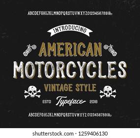  "American Motorcycles". Original handmade alphabet. Vintage font design and poster. Custom typeface. Clean Textured Versions Included. Vector.