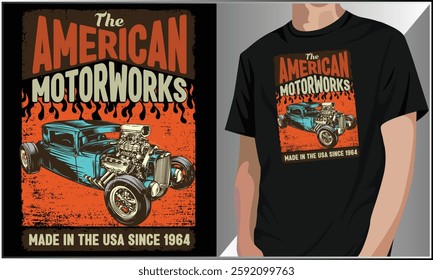 The American Motorworks T Shirt Design, Vintage Classic car T-shirt Vector illustration, American Muscle Car Tshirt.