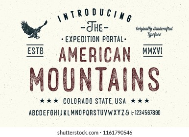  "American Mountains". Original handmade alphabet. Vintage font design and poster. Custom typeface. Vector.