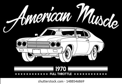 American Muscle Car 1970 Full Throttle Vintage in schwarzem Hintergrund Design. Dieses Design eignet sich für alte oder klassische Autogarage, Geschäfte, Reparatur. Auch für Auto-T-Shirts, Briefmarken und Stangen