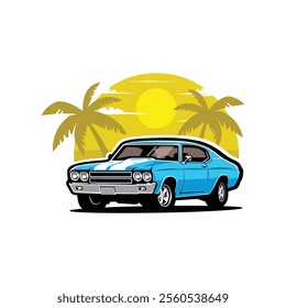 American Muscle Car in Beach Vector Art Illustration. Classic Retro Sport Car Vector in White Background