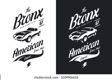 American muscle car black and white isolated vector tee-shirt logo. Premium quality sport vehicle logotype t-shirt emblem illustration. Bronx, New York street wear hipster retro tee print design.