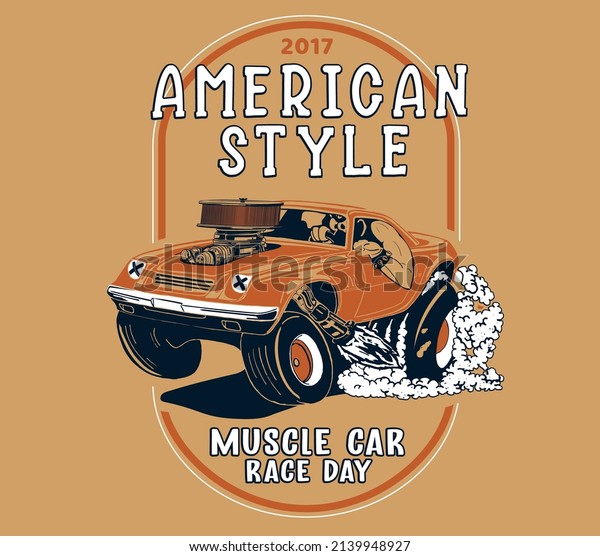 American muscle car illustration.muscle car race\
and burnout vector\
print.