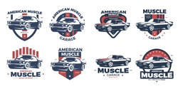 American Muscle Car Logo Design.This Logo Is Suitable For Vintage, Old Style Or Classic Car Garage, Shops, Repair. Also For Car Restoration, Repair And Racing.